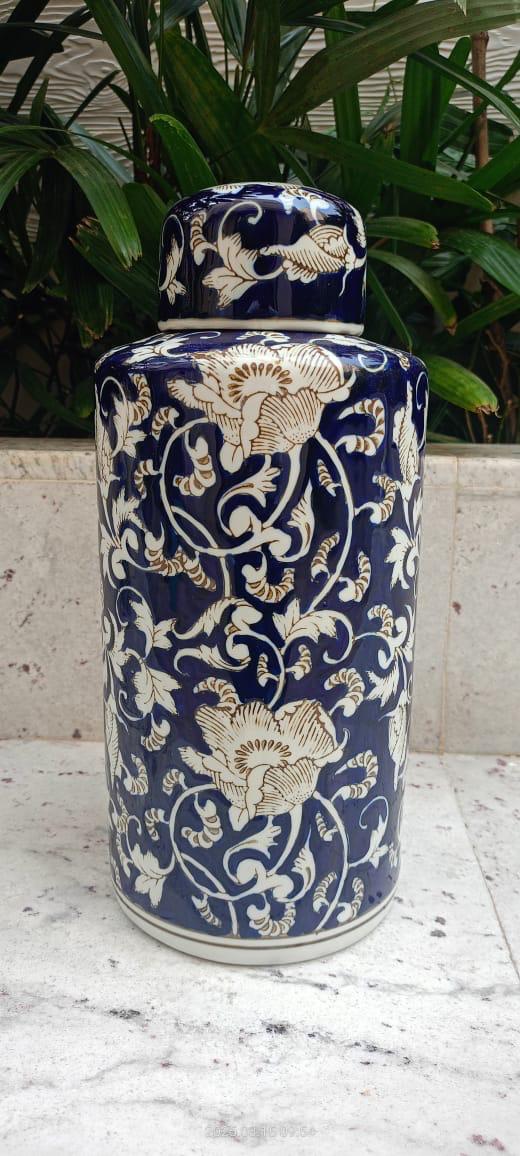Dark Blue White Floral Jar with Lid
