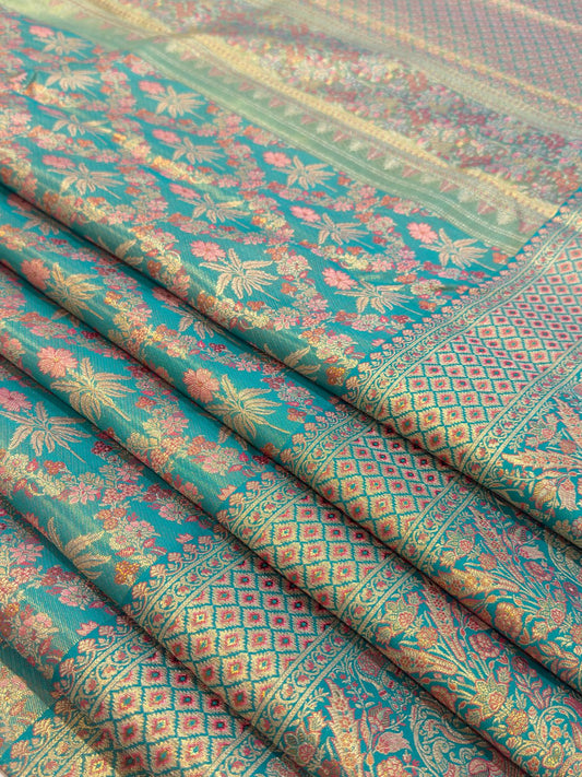 Teal Grandeur Kanjivaram Meenakari Saree
