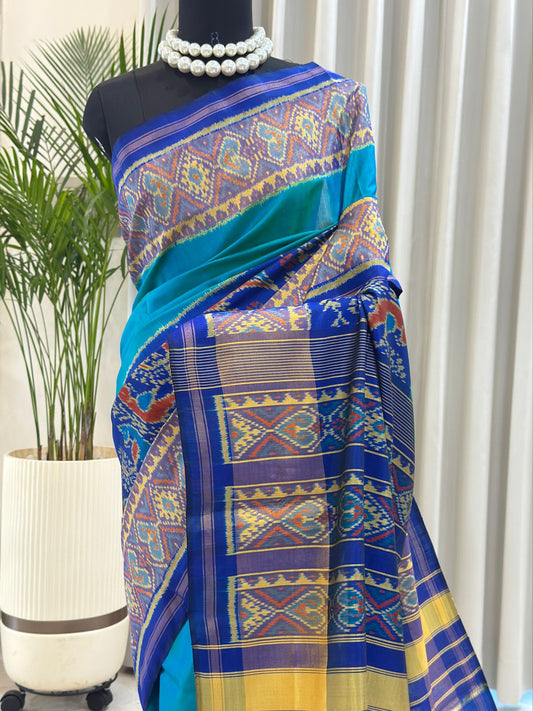 Turquoise Royal Blue Ikat Saree