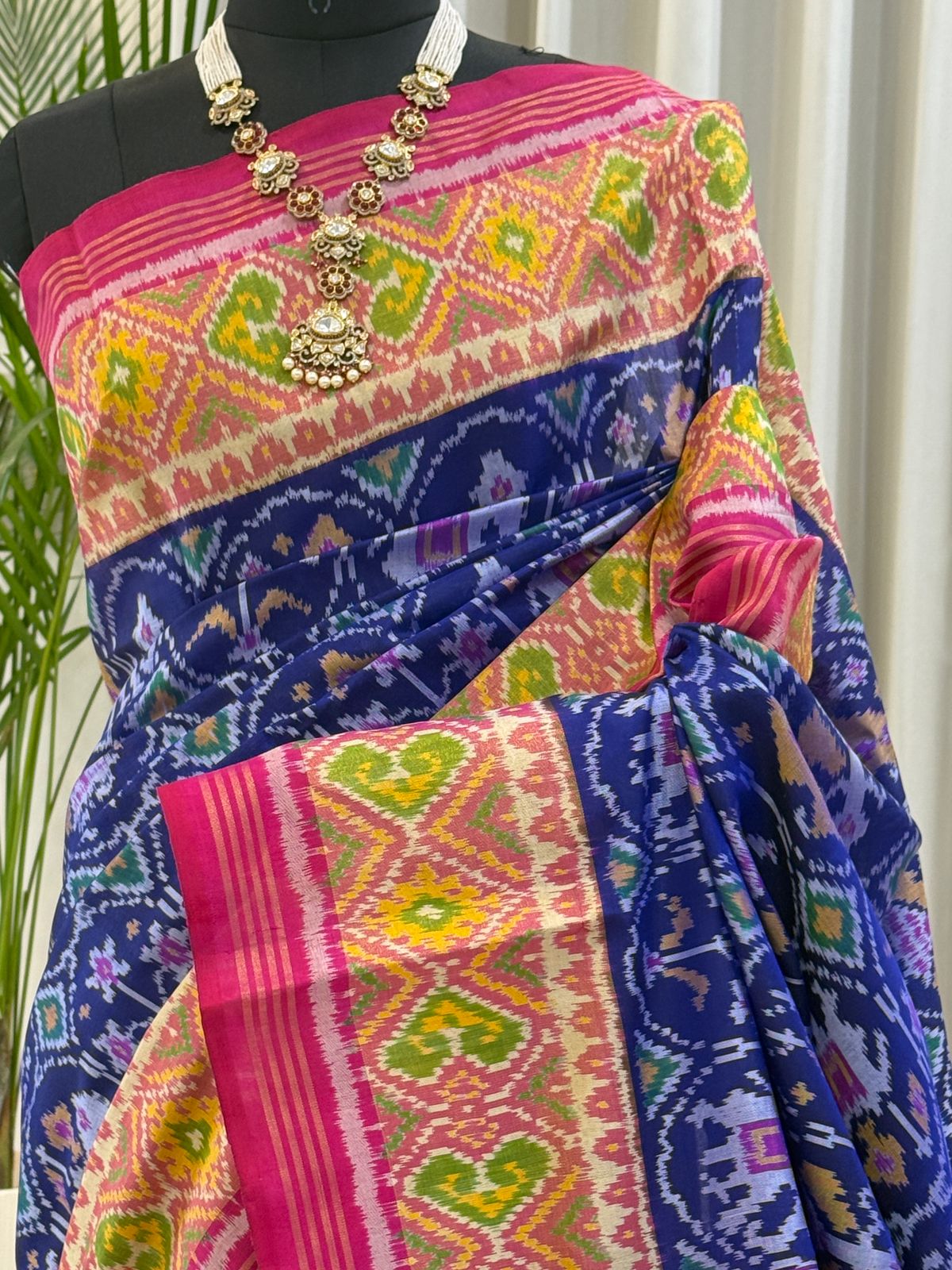 Navy Pink Yellow Ikat Saree