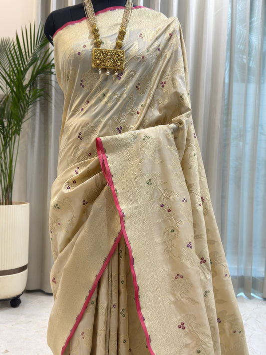 Ivory Katan Silk Banarasi Saree
