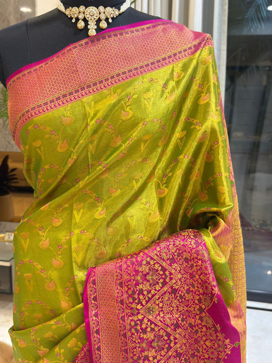 Parrot Green Magenta Zari