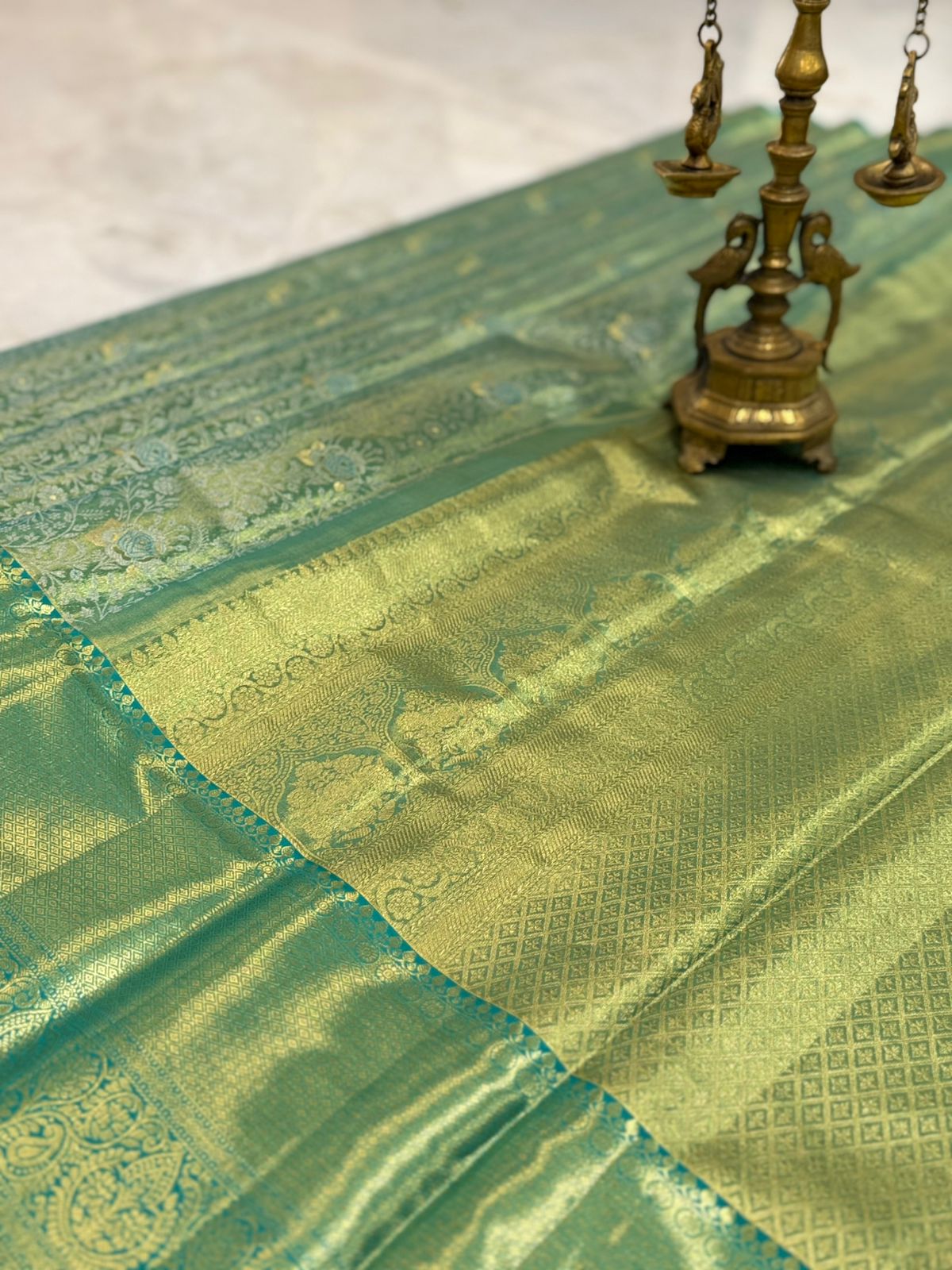 Sea-Green Floral Diamond Kanjivaram Saree