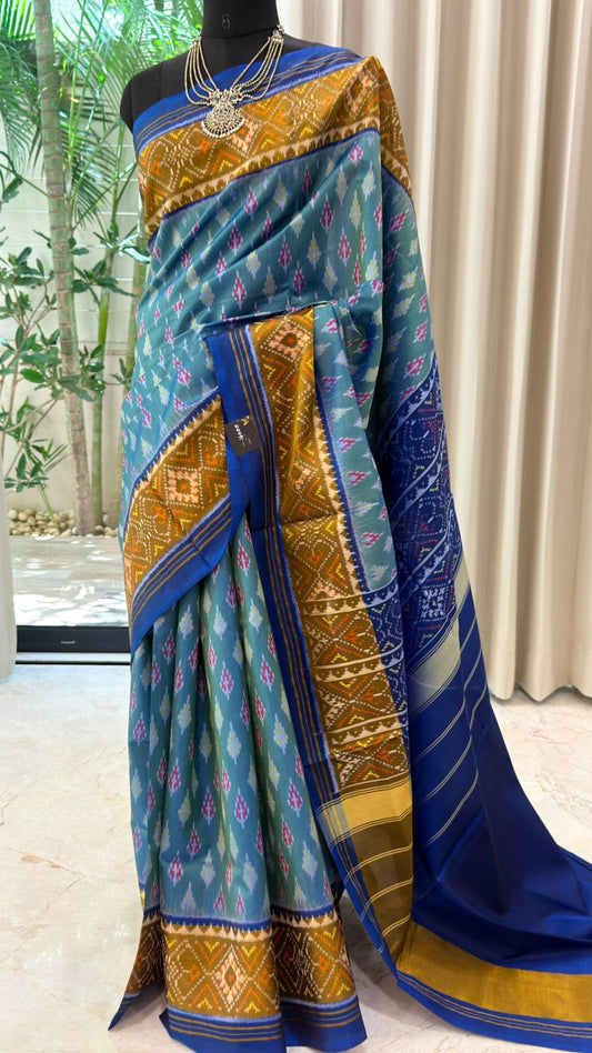 Mustard Teal Ikat Saree