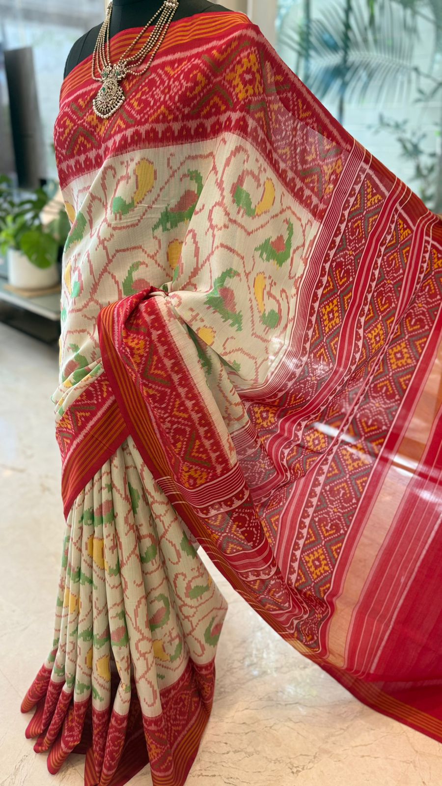 Ivory Green Ikat Saree