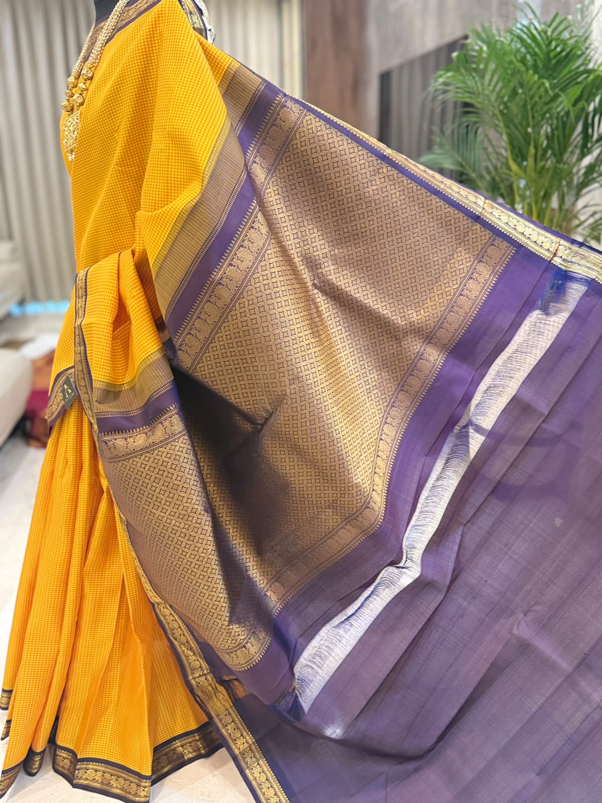 Golden Checks Kanjivaram Saree