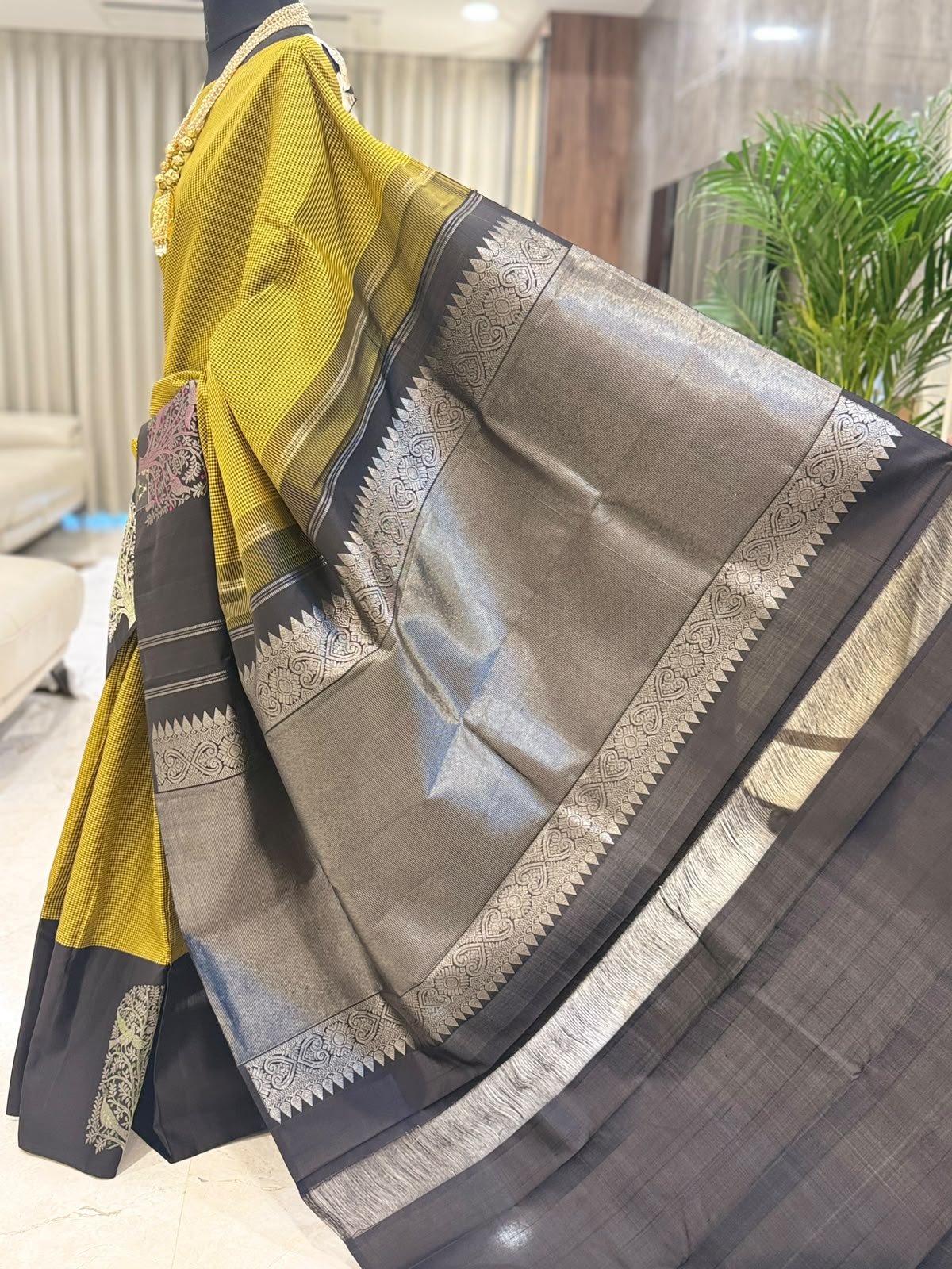 Chartreuse Gold & Black Kanjivaram Saree