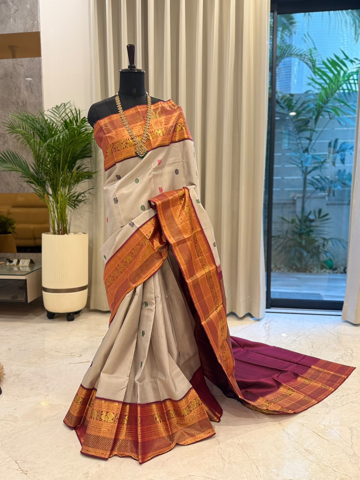 Ivory Maroon Gold Kanjivaram