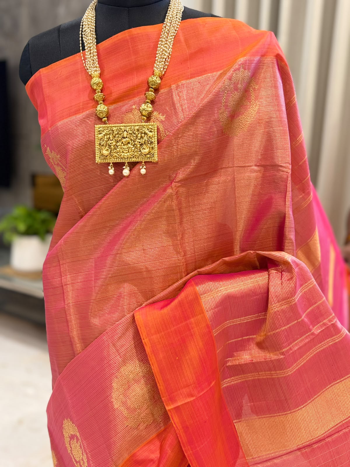 Coral Orange Pink Kanjivaram Saree