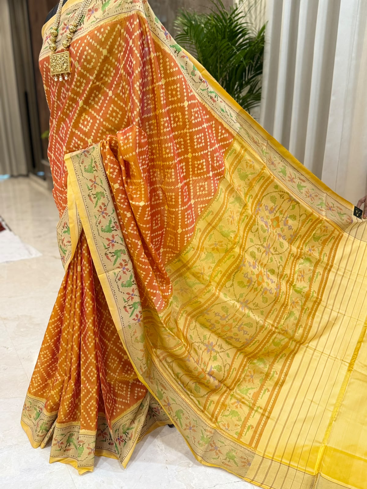 Burnt Orange Geometric Patola Silk Saree