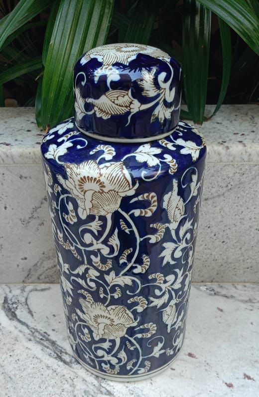Dark Blue White Floral Jar with Lid
