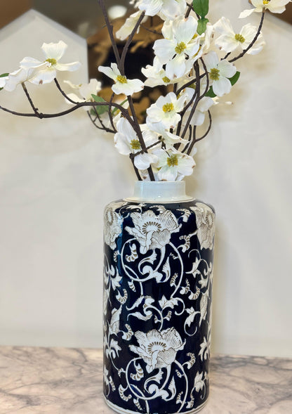 Dark Blue White Floral Jar Vase with out Lid