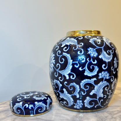 Dark Blue White Floral Pot shaped with Lid