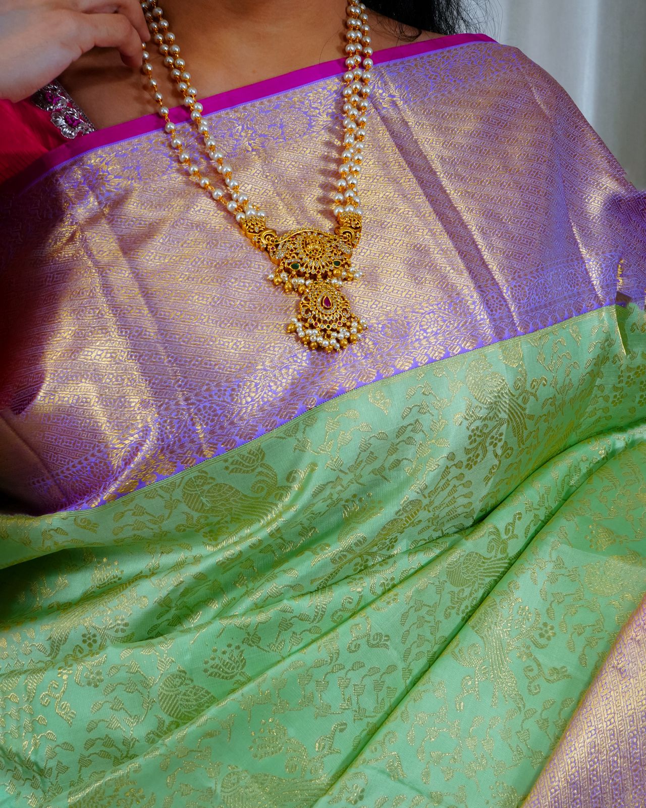 Vibrant Parrot Green with Golden Motifs & Violet-Pink Border