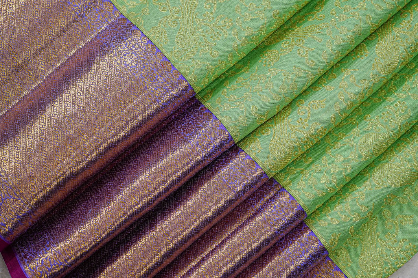 Vibrant Parrot Green with Golden Motifs & Violet-Pink Border