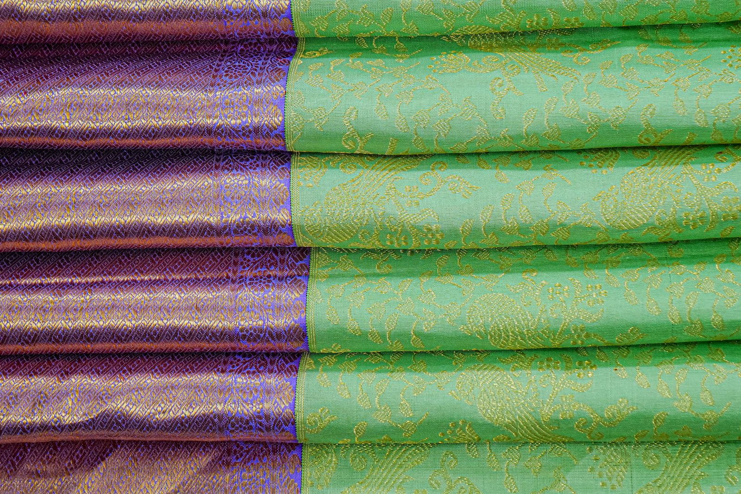 Vibrant Parrot Green with Golden Motifs & Violet-Pink Border