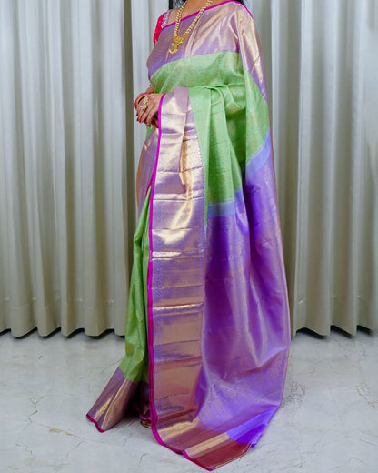 Vibrant Parrot Green with Golden Motifs & Violet-Pink Border