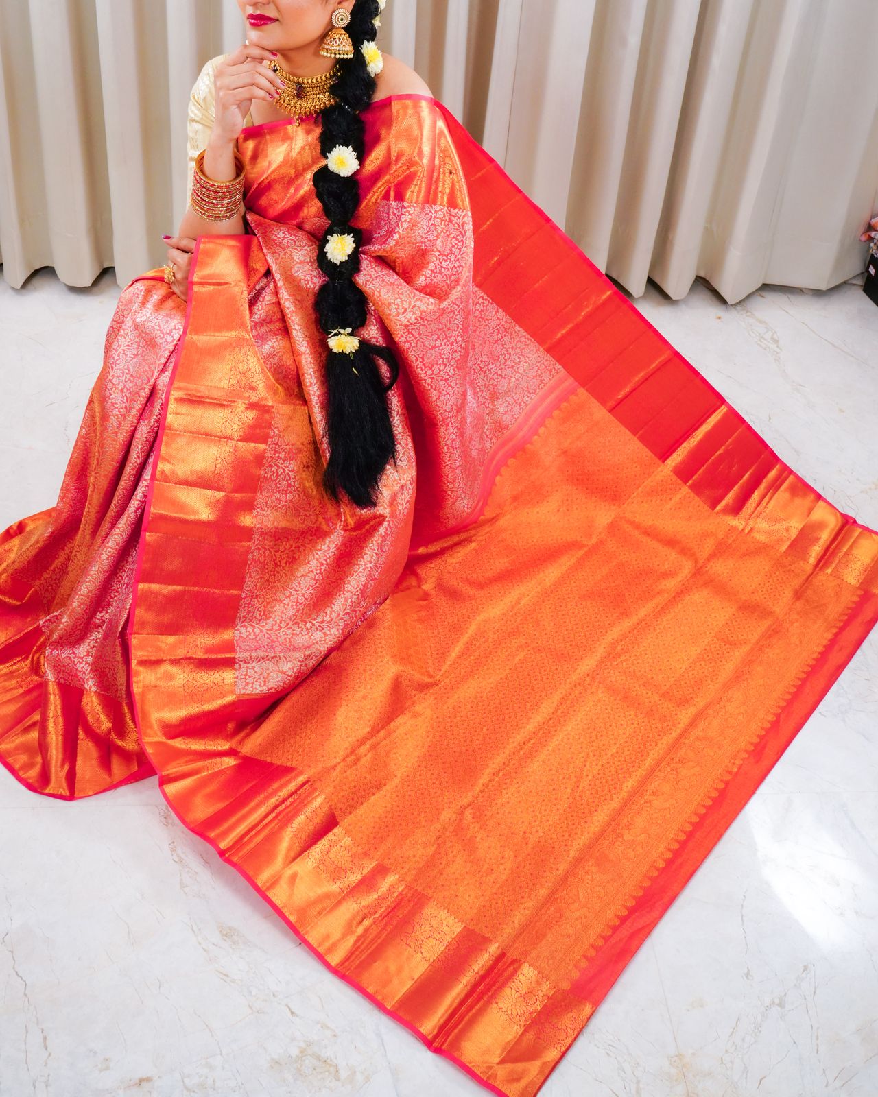 Floral Zari Orange Red Grandeur