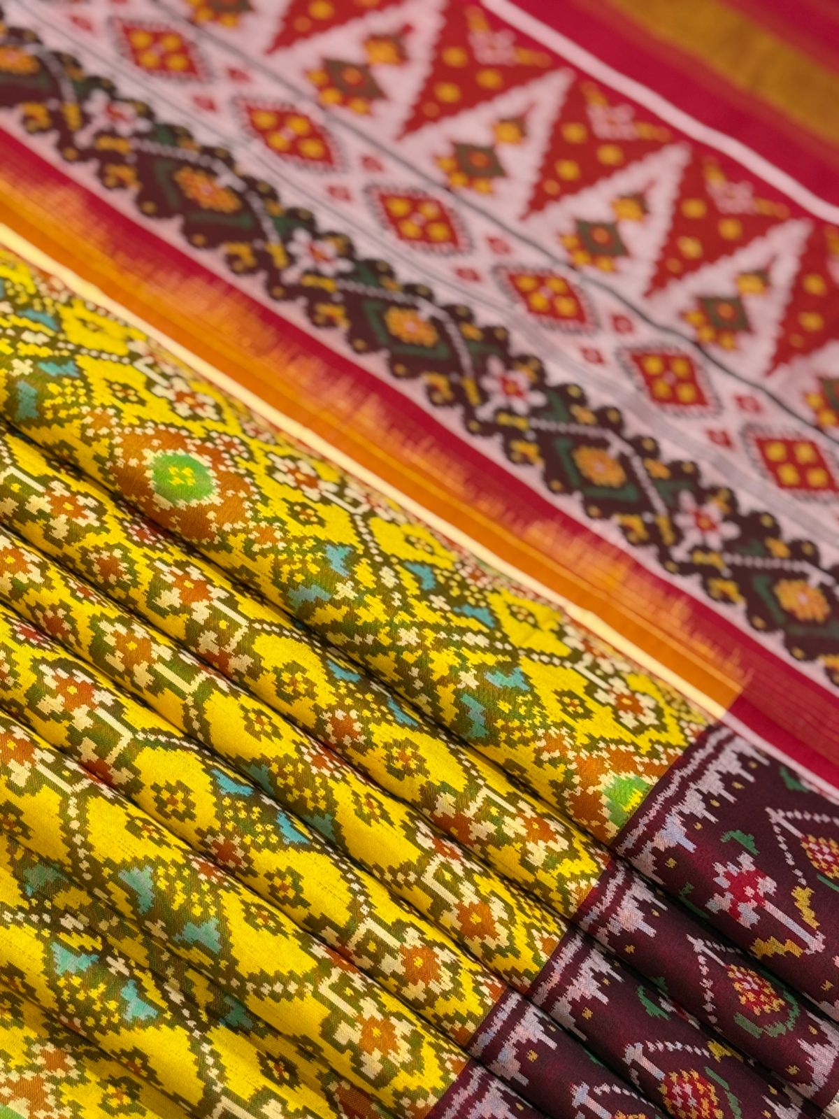 Yellow Maroon Ikkat Silk Grandeur