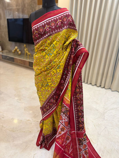 Yellow Maroon Ikkat Silk Grandeur