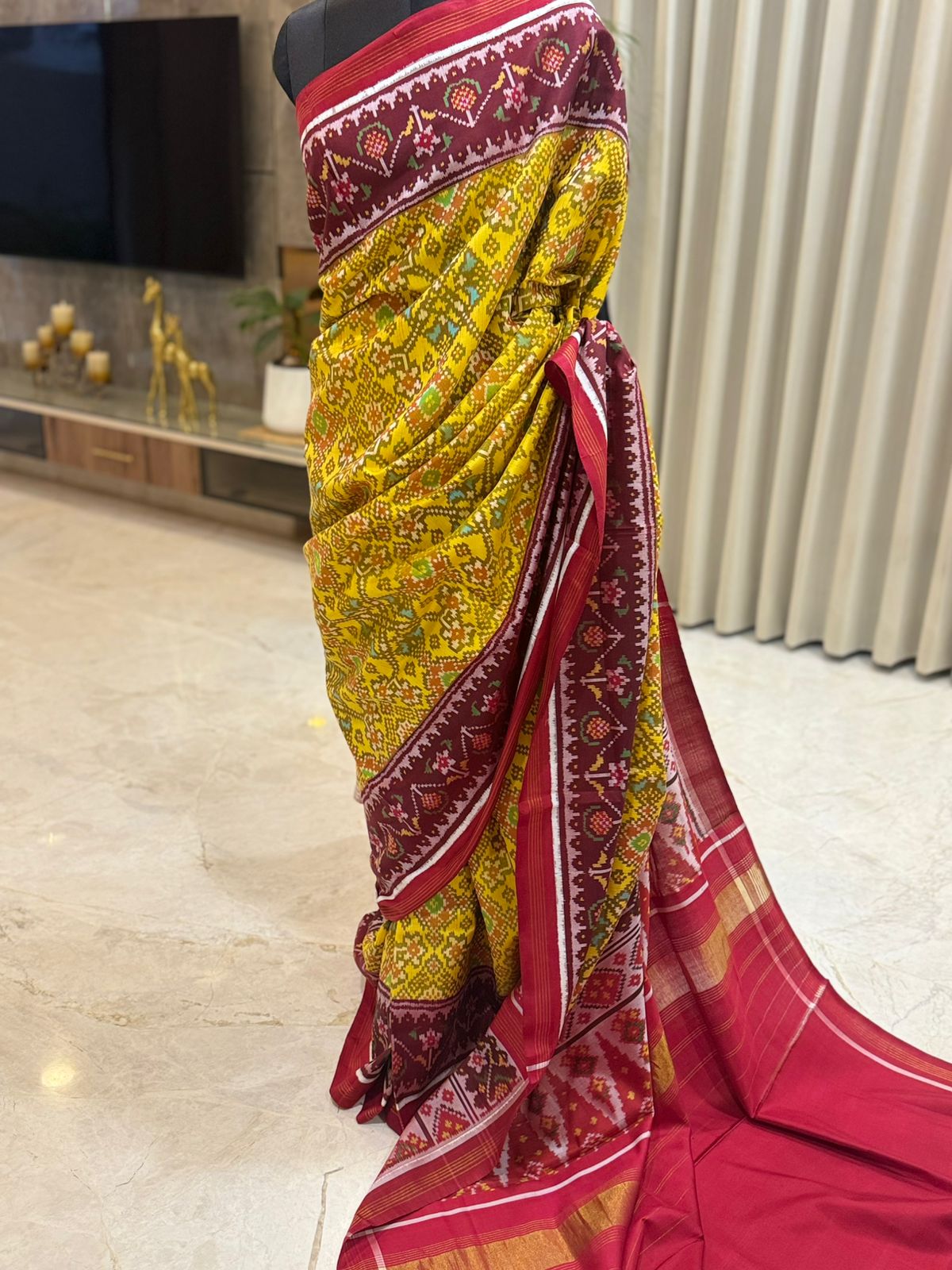 Yellow Maroon Ikkat Silk Grandeur