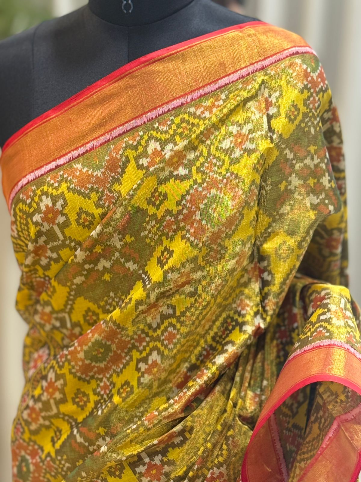 Mustard Olive Ikkat Silk Elegance