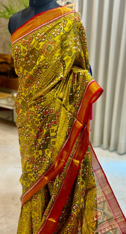 Mustard Olive Ikkat Silk Elegance