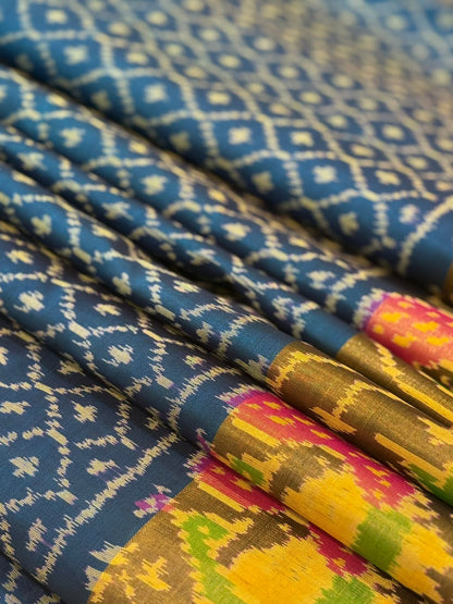 Cobalt Blue Peacock Ikkat Silk Elegance