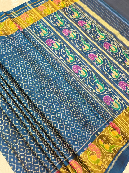 Cobalt Blue Peacock Ikkat Silk Elegance