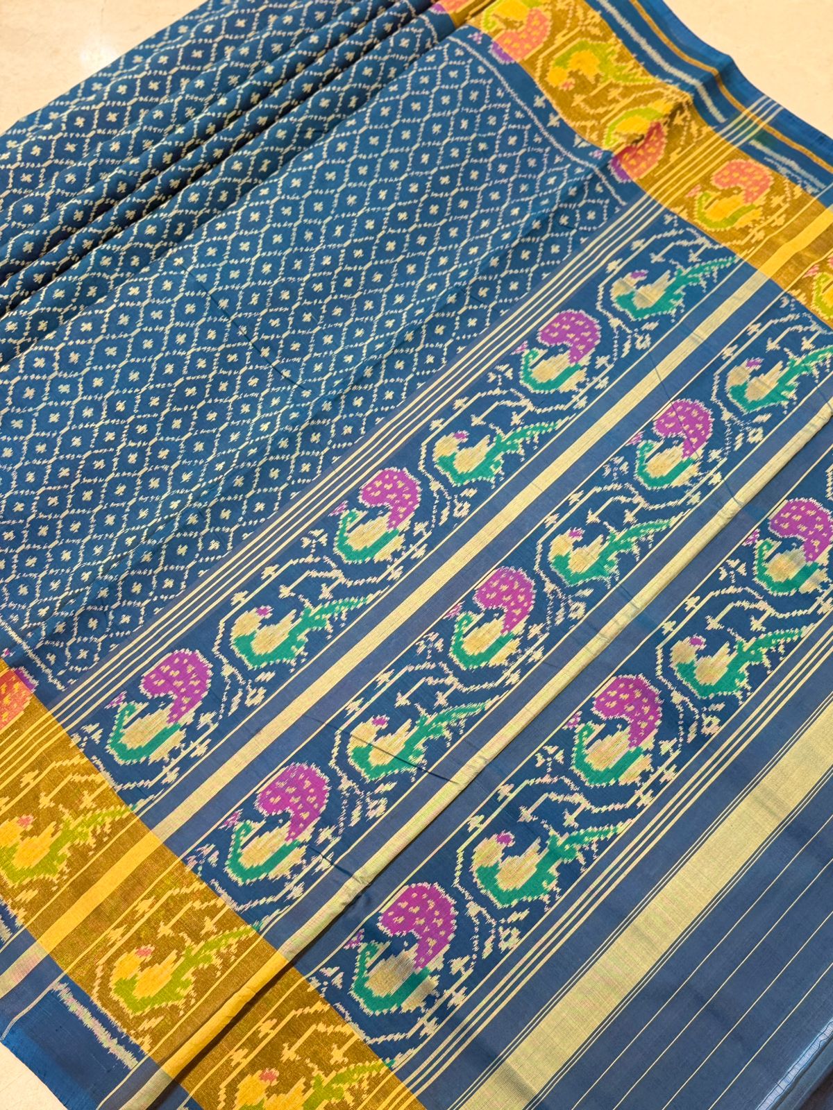 Cobalt Blue Peacock Ikkat Silk Elegance