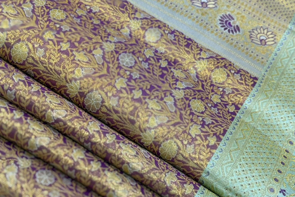 Golden Pista Violet Kanjivaram
