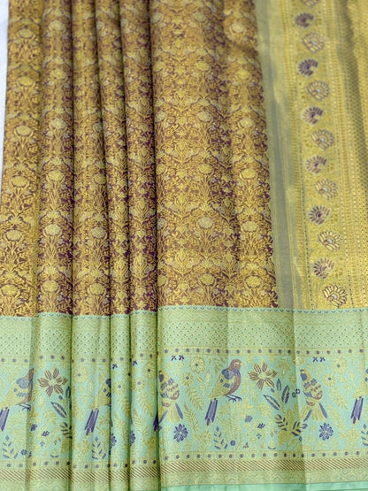 Golden Pista Violet Kanjivaram