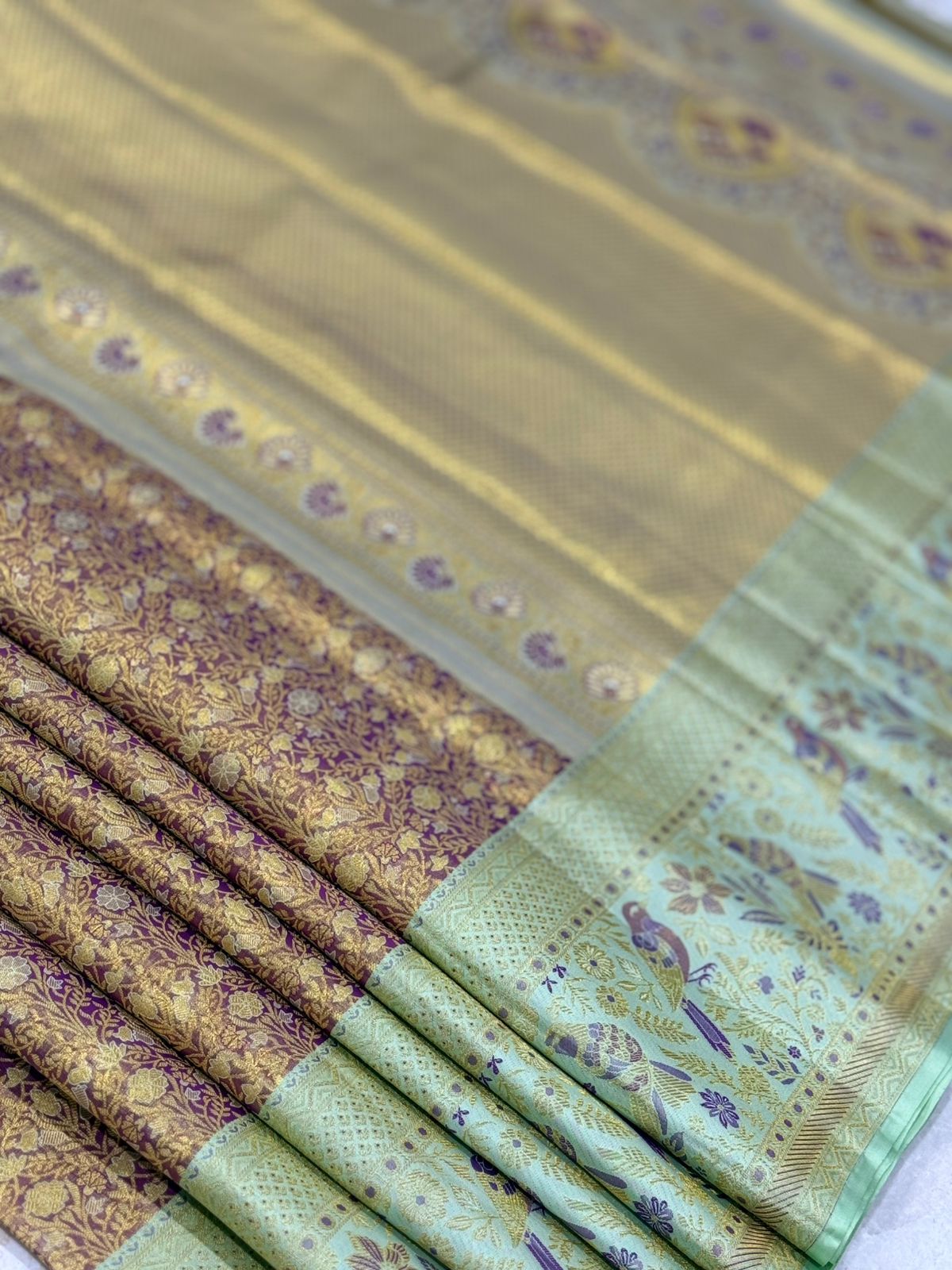 Golden Pista Violet Kanjivaram