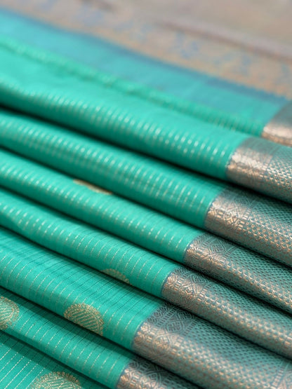 Turquoise Silver Zari Kanjivaram Saree