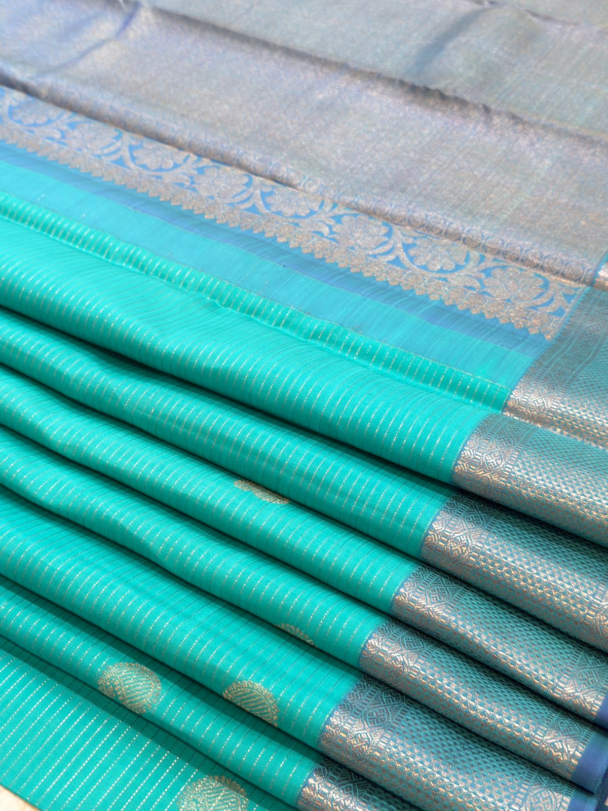 Turquoise Silver Zari Kanjivaram Saree