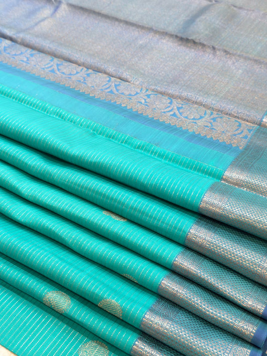 Turquoise Silver Zari Kanjivaram Saree