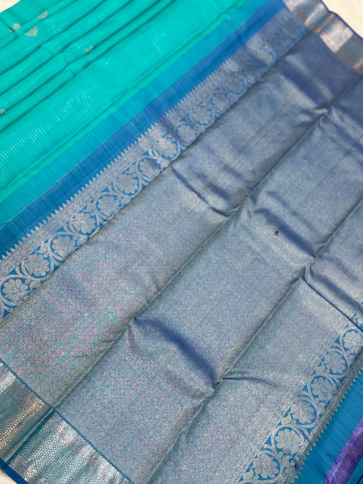 Turquoise Silver Zari Kanjivaram Saree