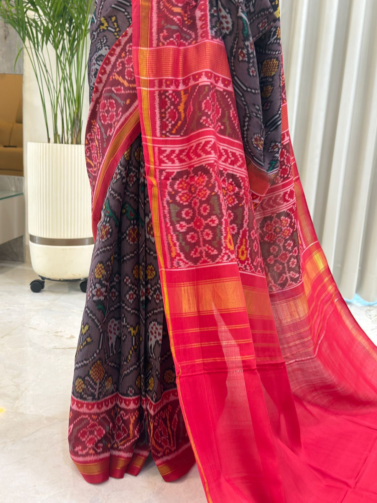 Charcoal Red Ikat Silk