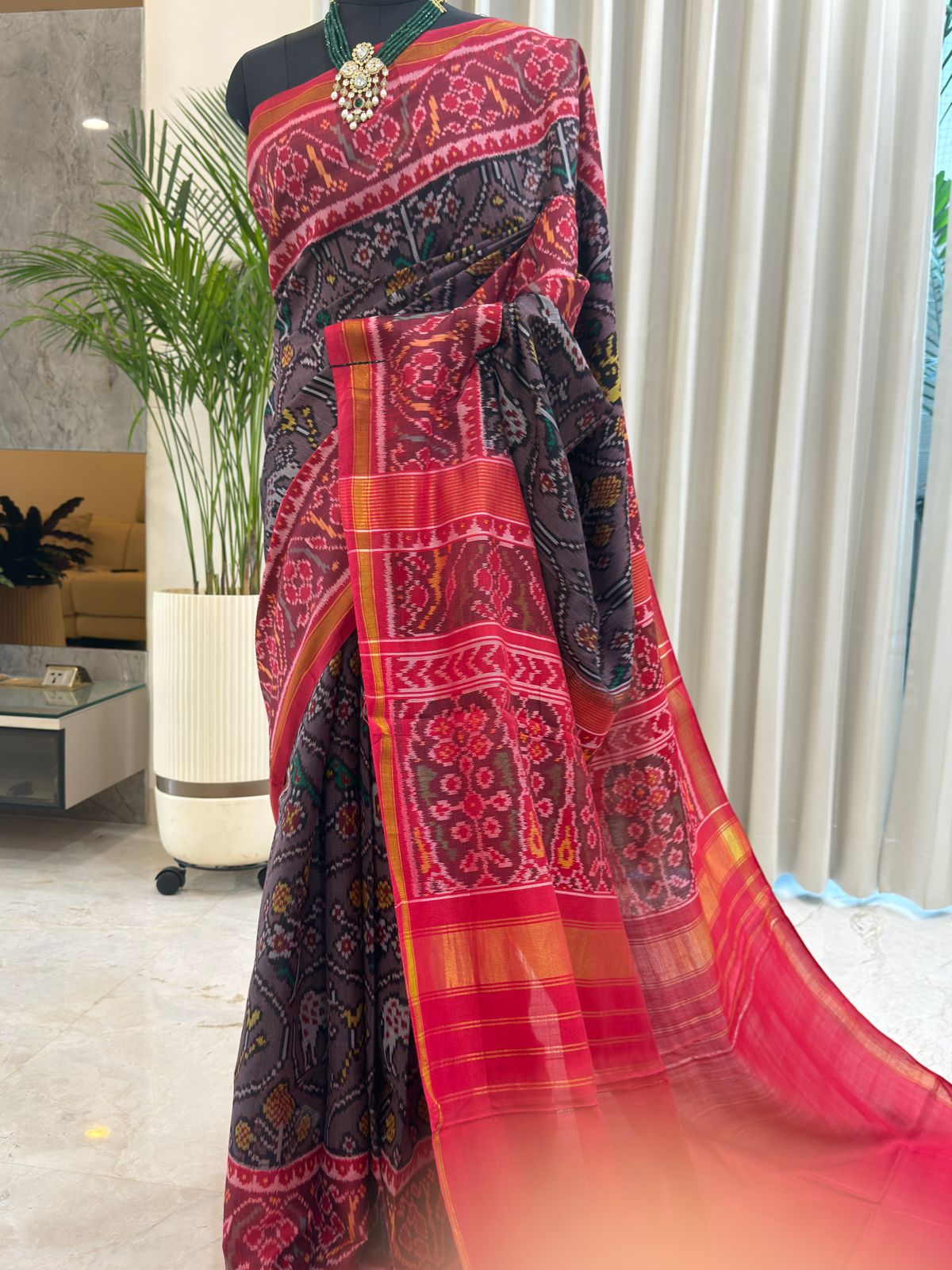 Charcoal Red Ikat Silk