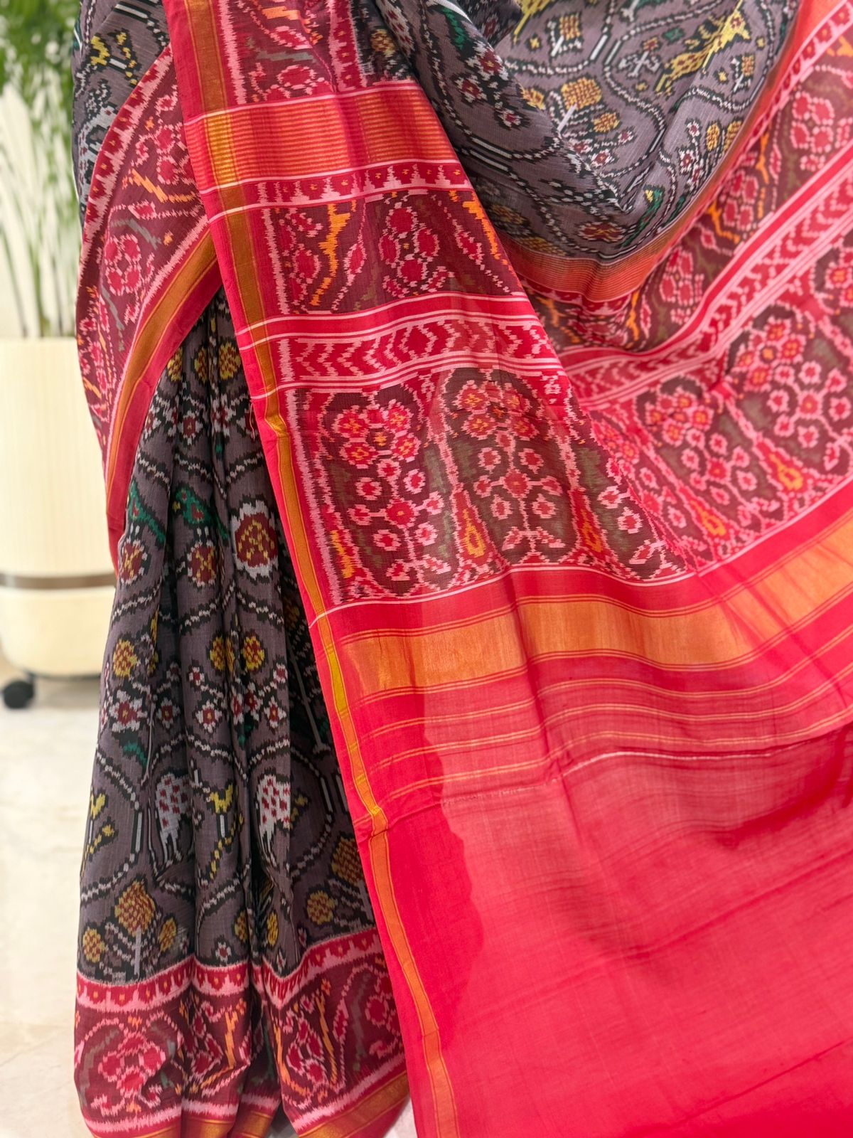 Charcoal Red Ikat Silk