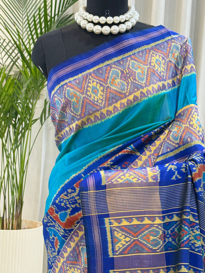 Turquoise Royal Blue Ikat Saree
