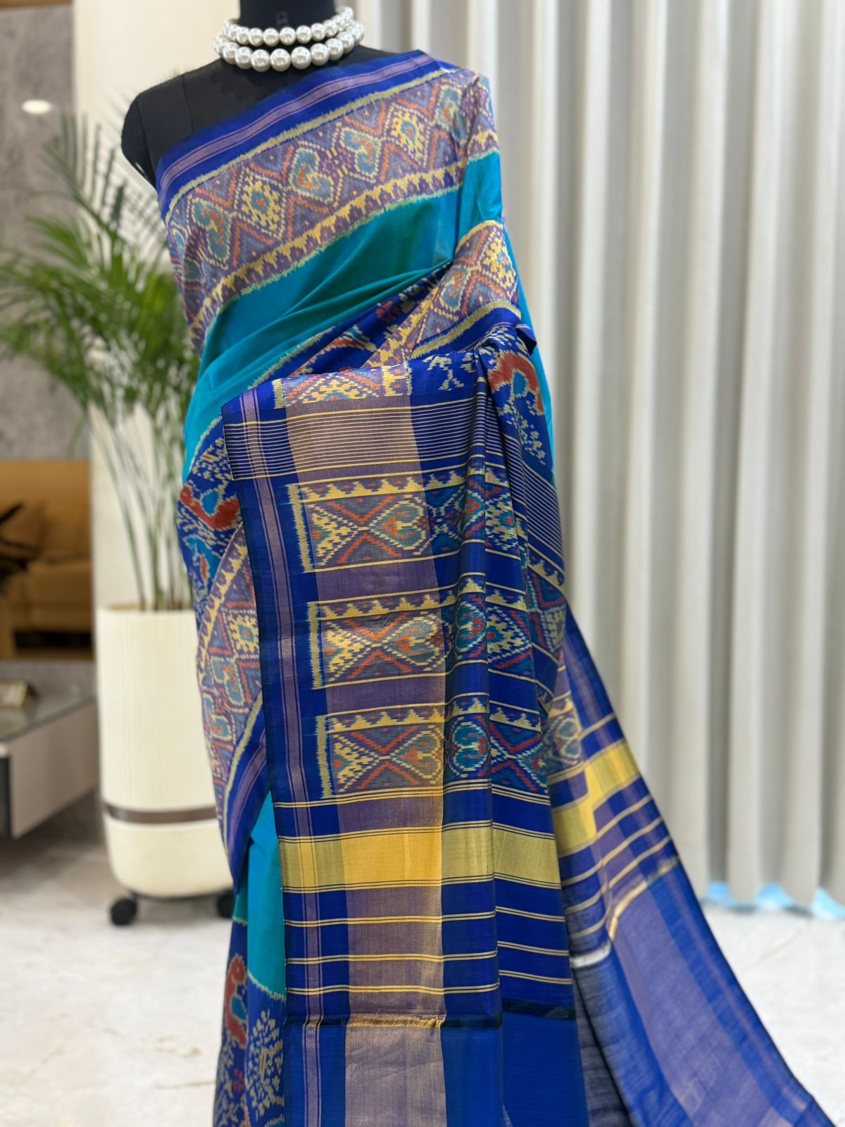 Turquoise Royal Blue Ikat Saree