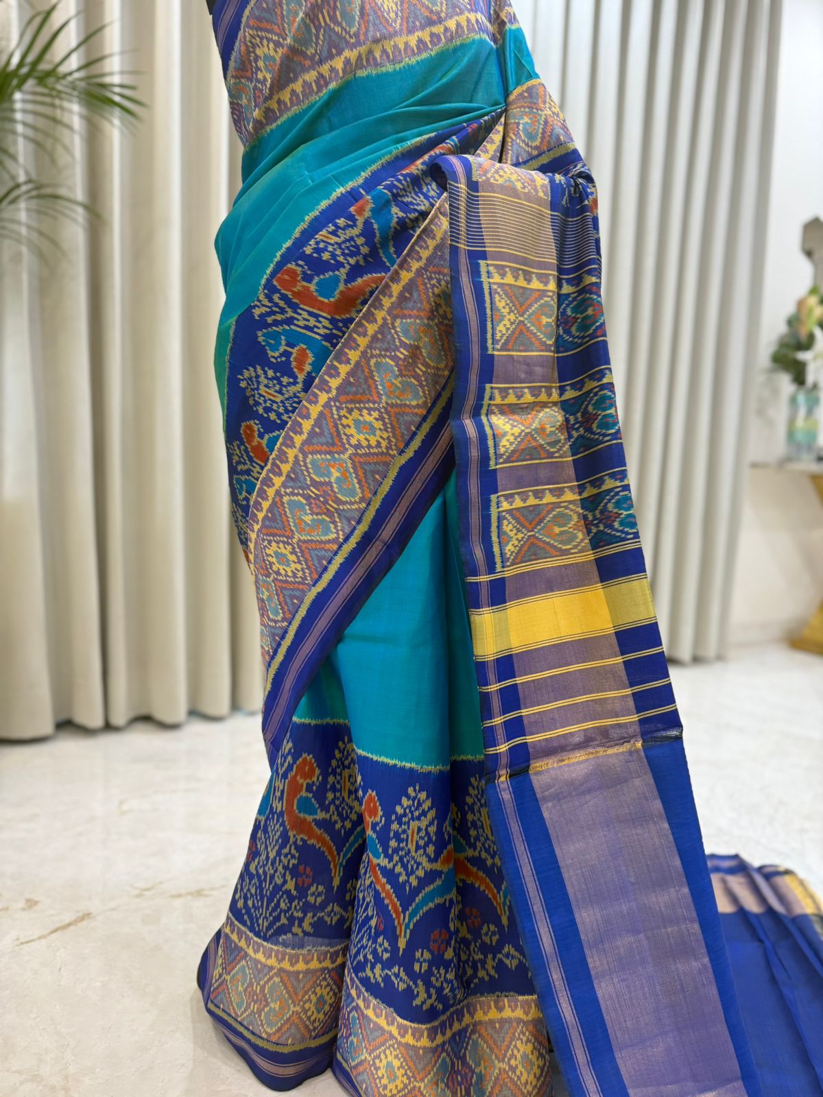 Turquoise Royal Blue Ikat Saree