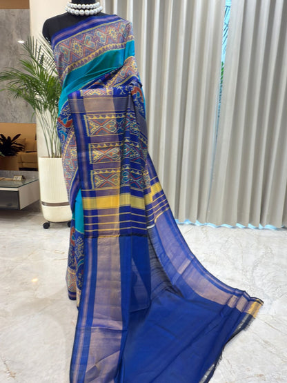 Turquoise Royal Blue Ikat Saree