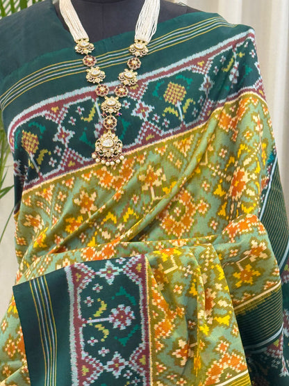 Deep Green Yellow Ikat Saree