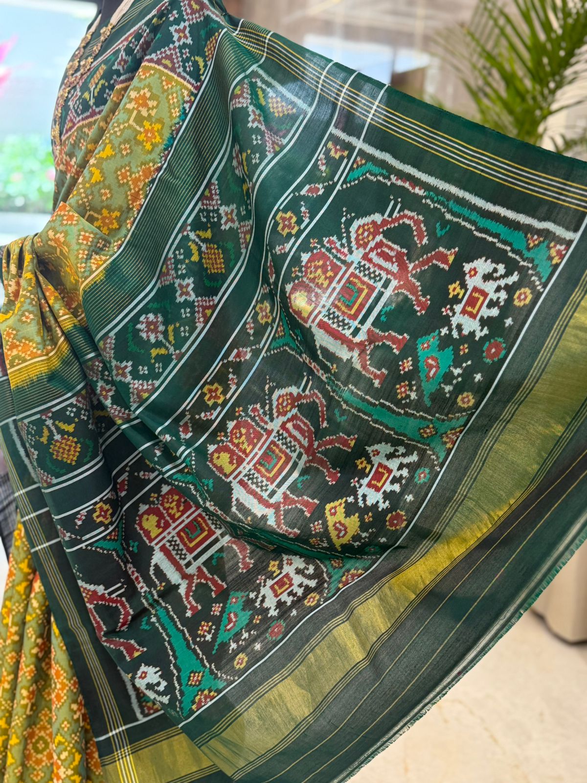 Deep Green Yellow Ikat Saree