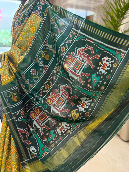 Deep Green Yellow Ikat Saree