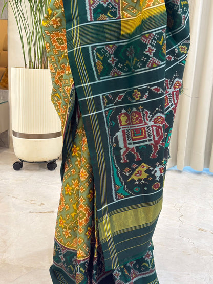 Deep Green Yellow Ikat Saree