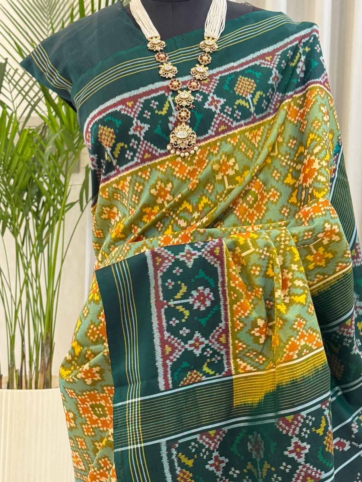 Deep Green Yellow Ikat Saree