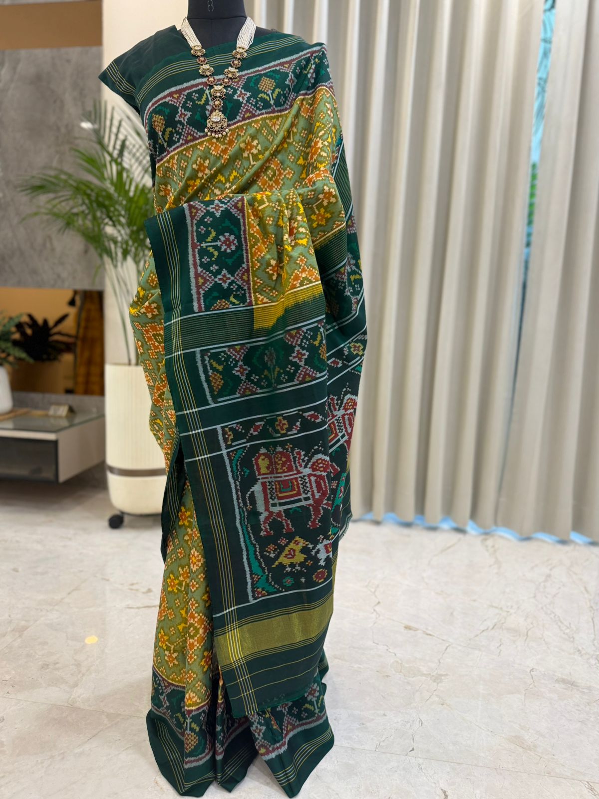 Deep Green Yellow Ikat Saree
